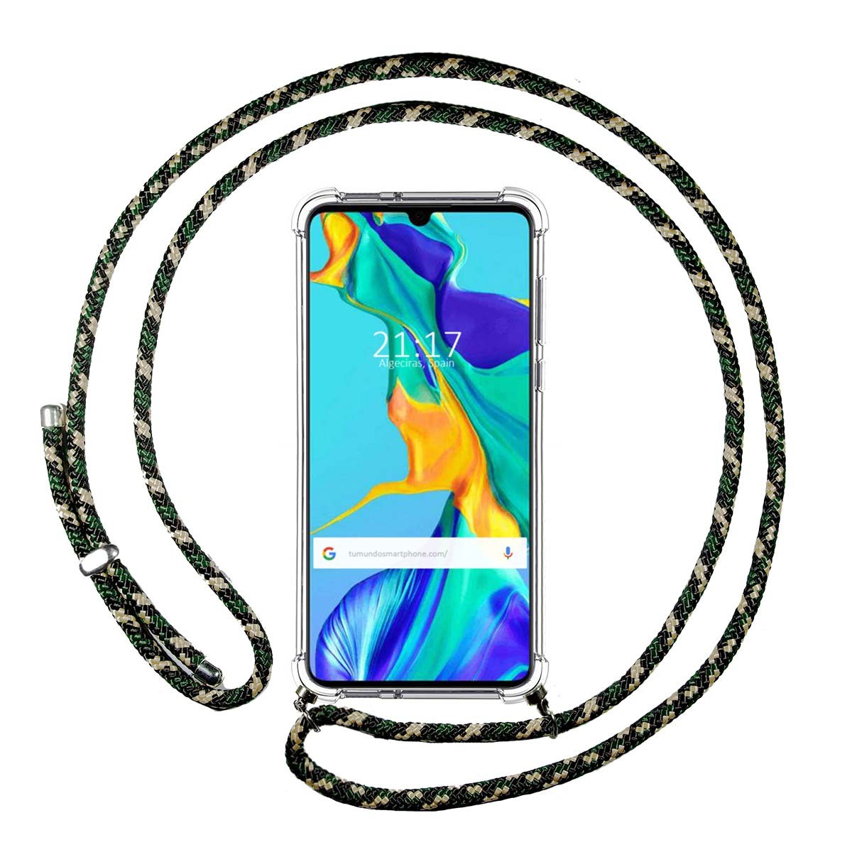 Tumundosmartphone Funda Colgante Transparente para Huawei P30 con Cordon Verde / Dorado