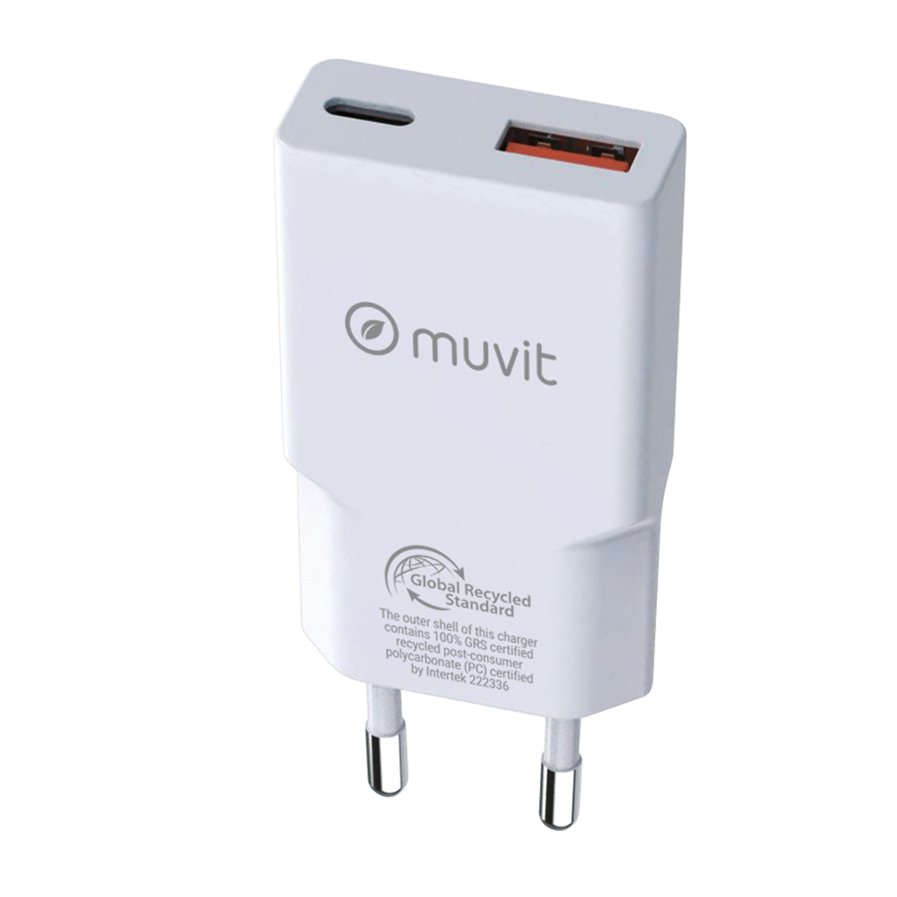 Muvit for change cargador de pared slim 1 usb qc 3.0 18w+1 tipo c pd 30w blanco