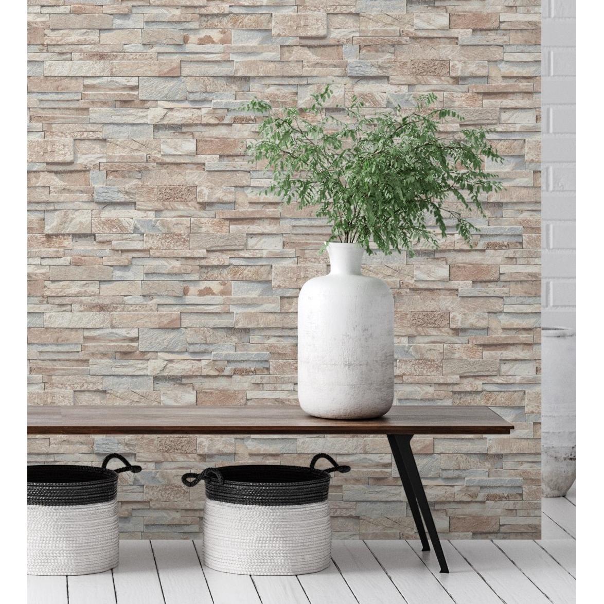 Papel pintado vinílico lavable efecto imitación muro piedra pizarra con textura en relieve - Austin Stone 127671 de GAULAN - Rollo de 10 m x 0,53 m