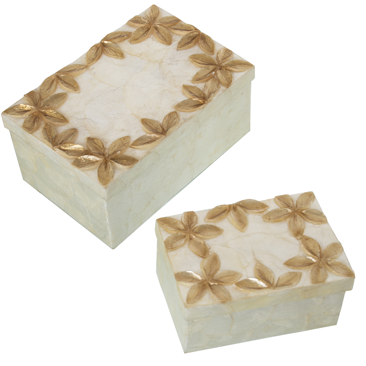 Set 2 cajas rect. nacar floresrelieve tostado, natural 21x14x10cm y 16x11x8cm