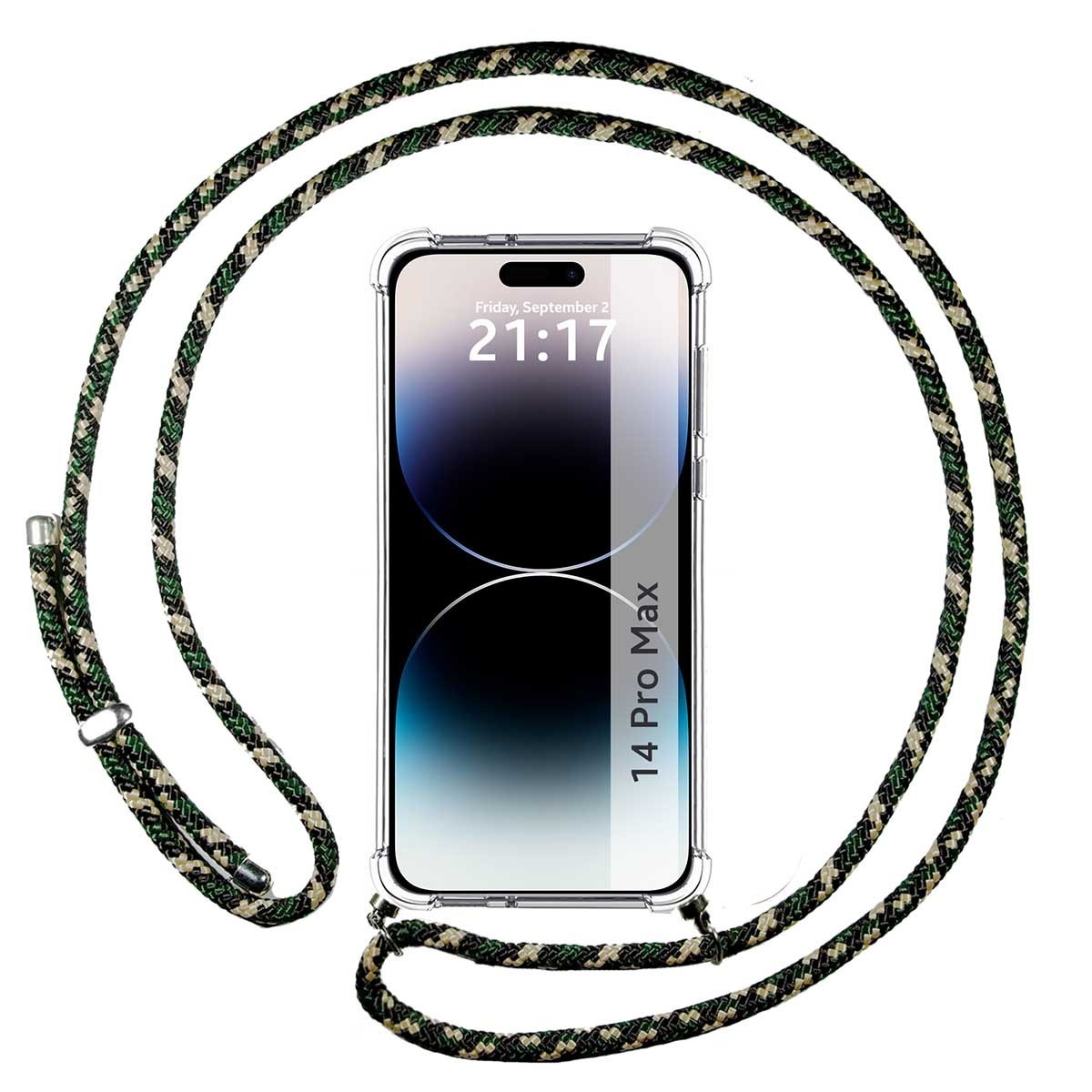 Funda Colgante Transparente compatible con iPhone 14 Pro Max (6.7) con Cordon Verde / Dorado