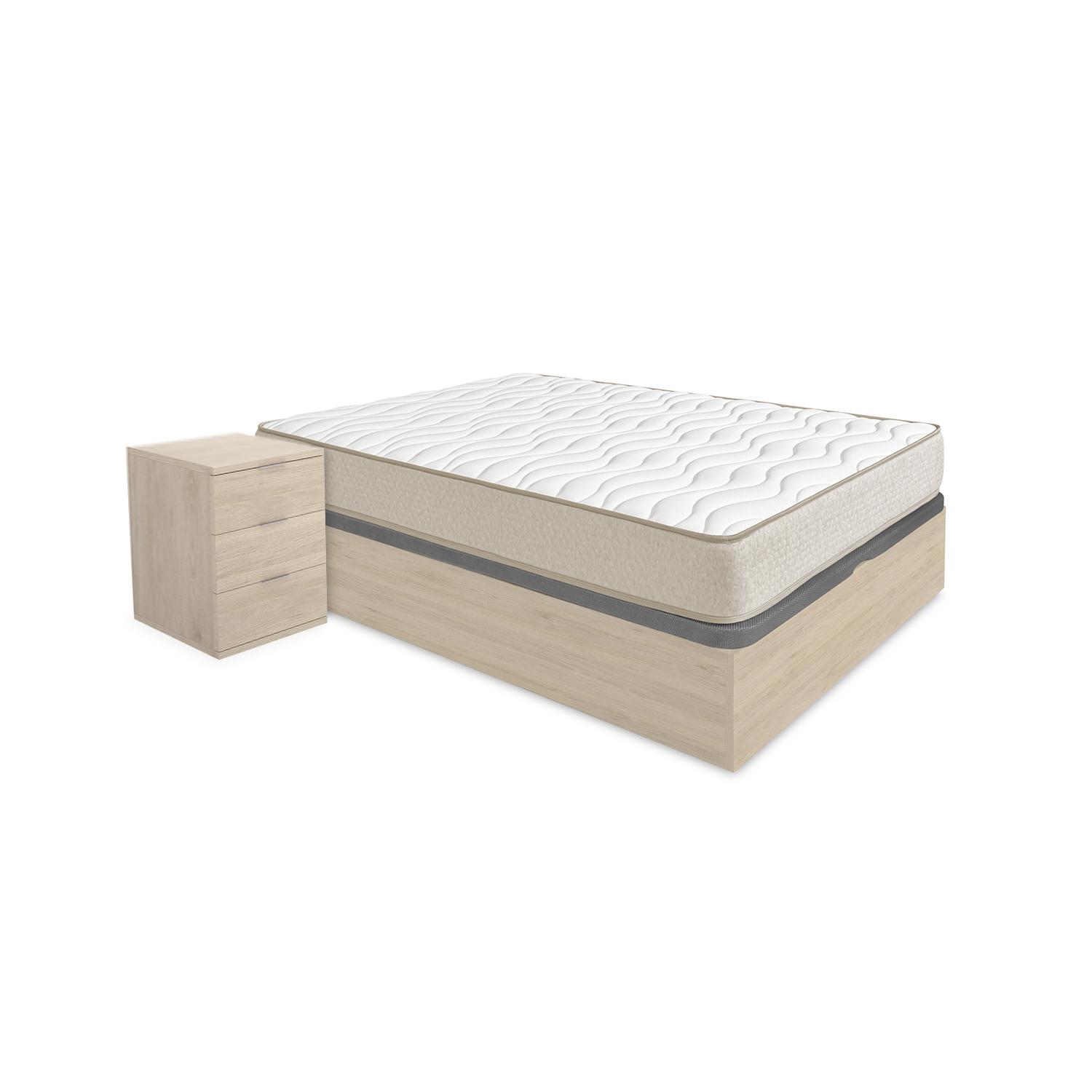 Pack ahorro matrimonio Canapé Nest Roble con Colchón viscoelástico Nova Plus 150 x 190 cm y 2 Mesitas de noche Rio| Montaje Incluido (Solo canapé)