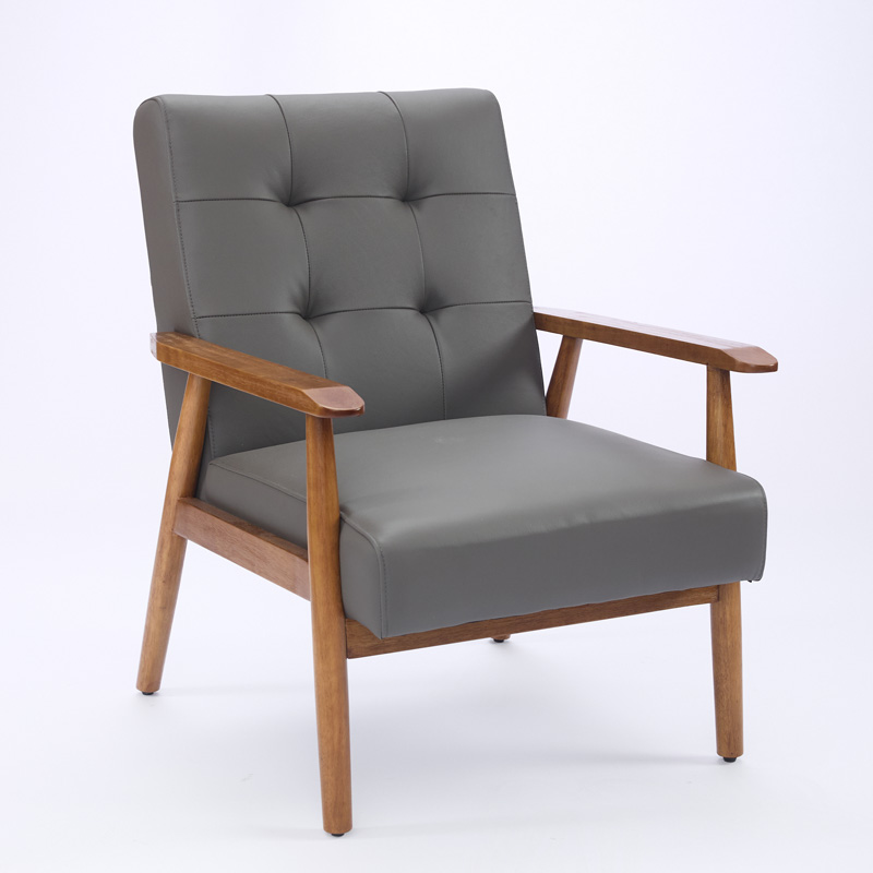 Fauteuil lounge en cuir gris avec accoudoirs finition noyer et pieds en bois d'hévéa