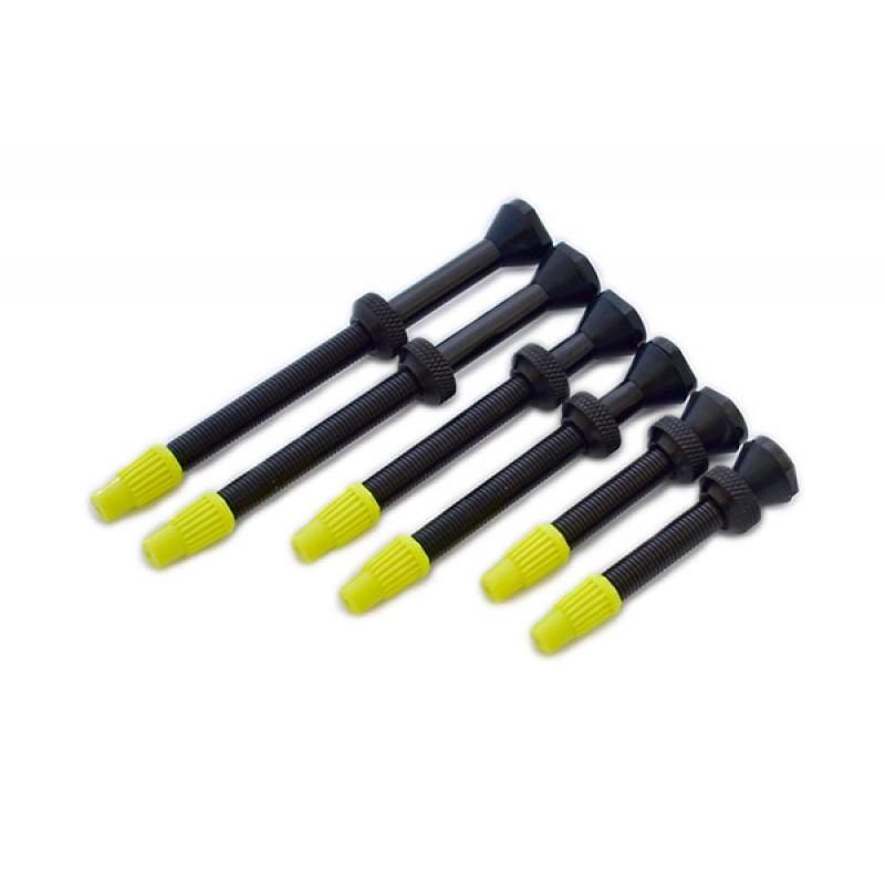 X-SAUCE | Válvula Tubeless Presta  2 Uds  - Blíster con 2 válvulas finas tubeless de aluminio anodizado negro desmontables, con tapones amarillos X-Sauce, junta cónica de goma X-Sauce reemplazable y