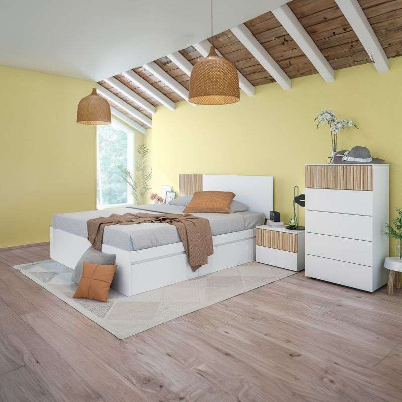 Miroytengo Pack de Muebles de Dormitorio Etnha Estilo Moderno en Blanco Artik y Natur con Cabecero, 2 Mesitas de Noche, Cama con Cajones y Cómoda