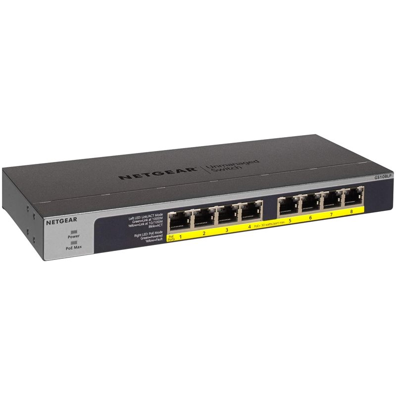 Netgear GS108LP No administrado Gigabit Ethernet (10/100/1000) Negro, Gris 1U Energía sobre Ethernet (PoE)