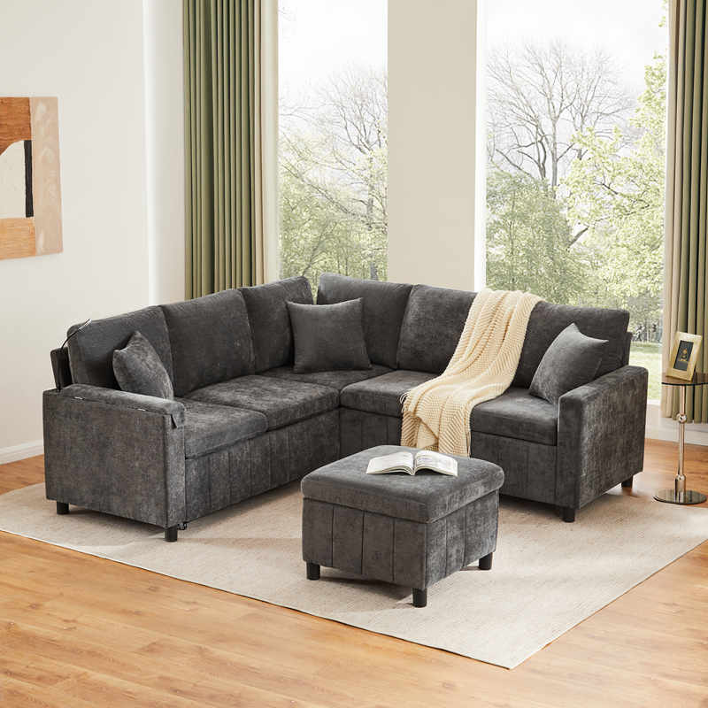 Canapé d’angle convertible gris en chenille avec table escamotable, USB et fonction couchage