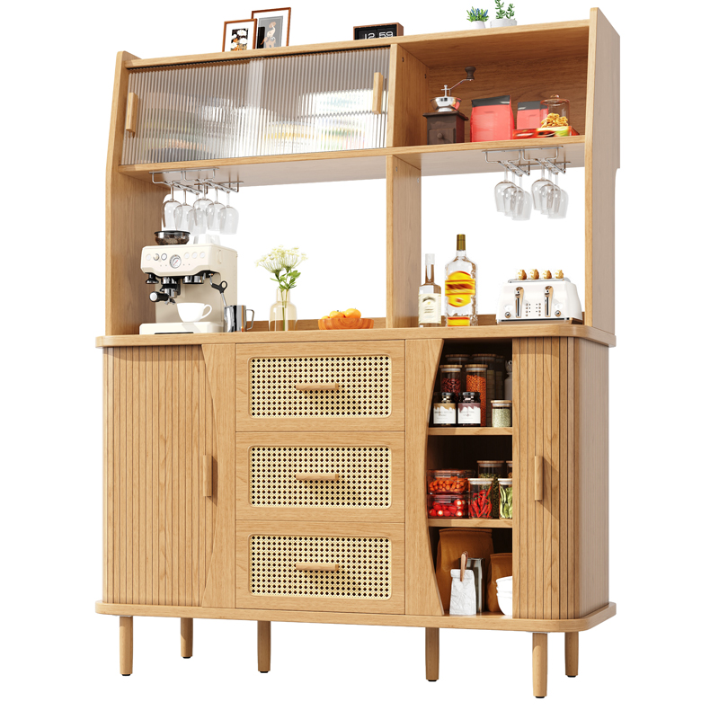 Buffet haut effet bois avec portes coulissantes vitrées et tiroirs aspect rotin