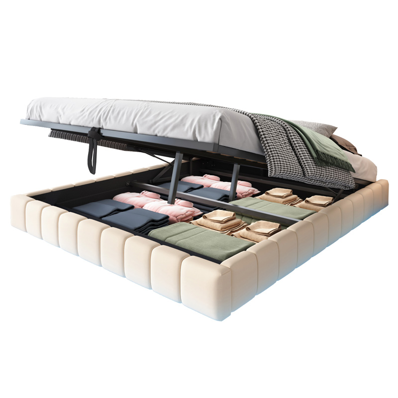 Lit double beige 160 x 200 cm rembourré en tissu avec effet flottant, rangement hydraulique et éclairage LED