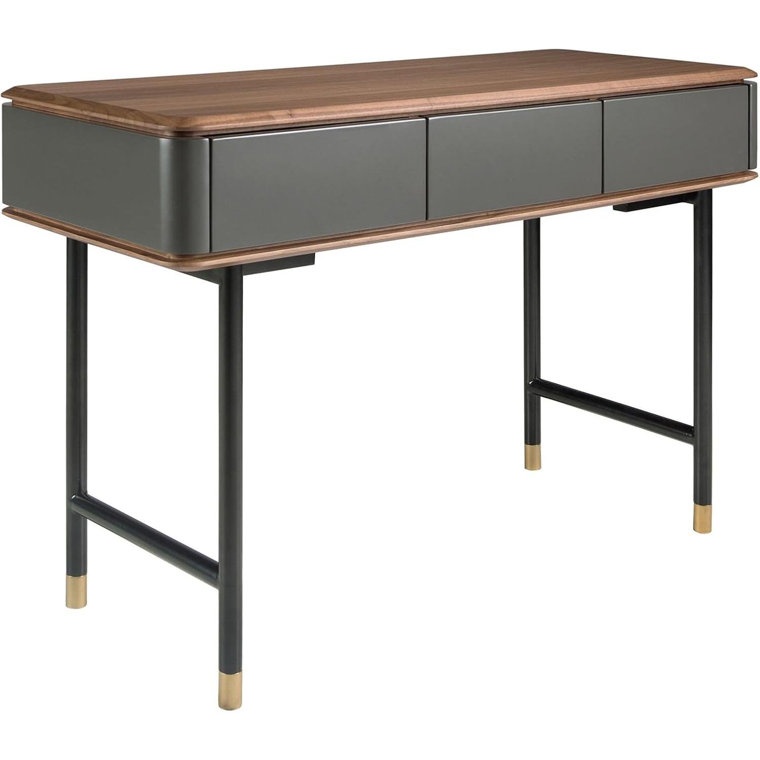 ANGEL CERDÁ - Consola Rectangular Nogal con Madera Gris Oscuro y Detalles en Dorado - Mueble Consola con Cajones Push & Pull - Patas de Acero Negro - Diseño Moderno - 120 x 50 x 80 cm