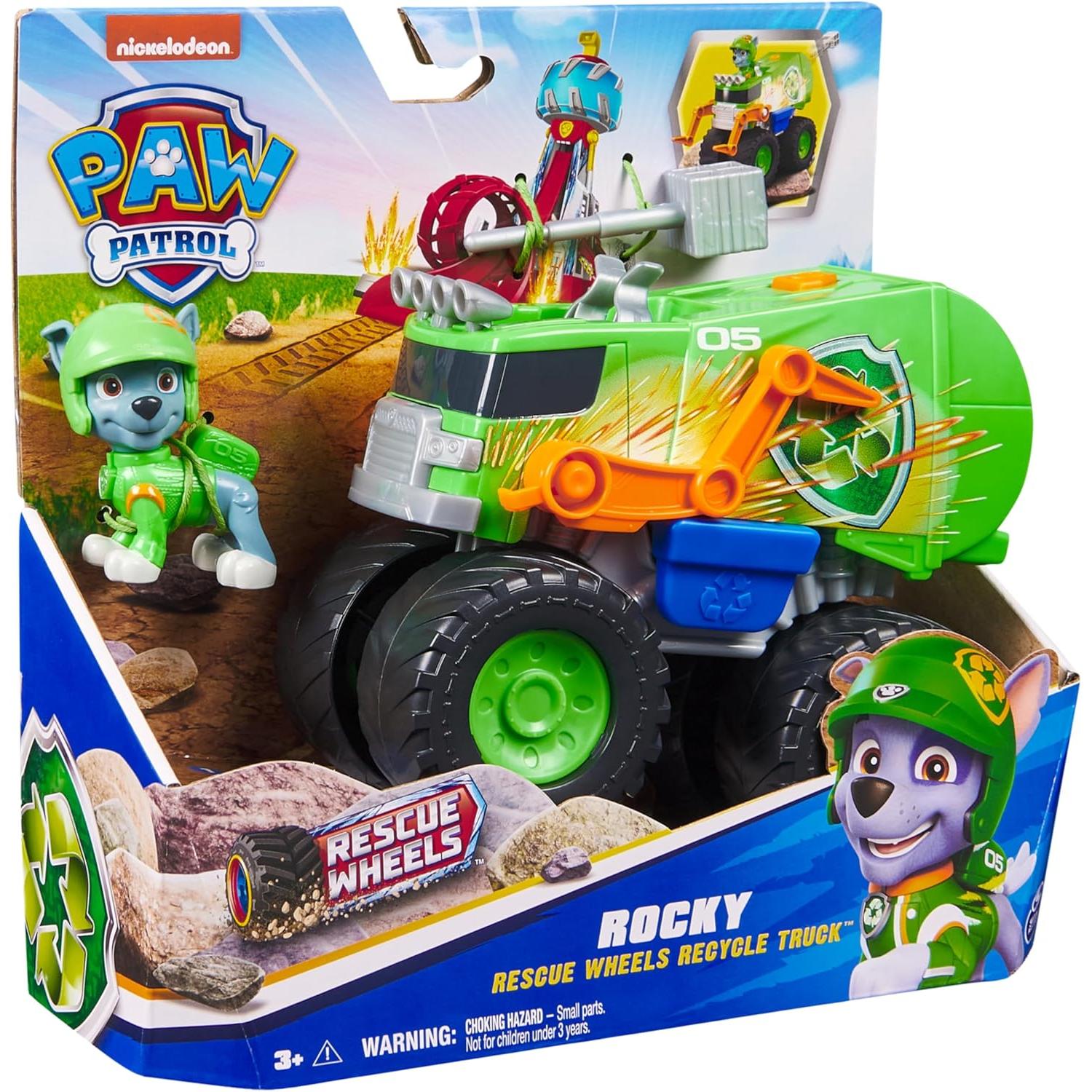 Patrulla Canina - Pack Figura Rocky Rescue Wheels y Camión Reciclaje Lanza Proyectiles - Patrulla Canina Juguetes - Juguetes Niños +3 años (Spin Master 6069331)