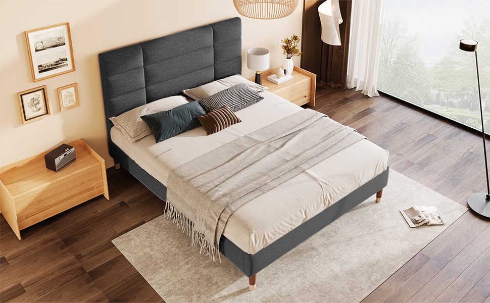 Lit double rembourré gris foncé 140 x 200 cm avec tête de lit, sommier à lattes et espace sous le lit