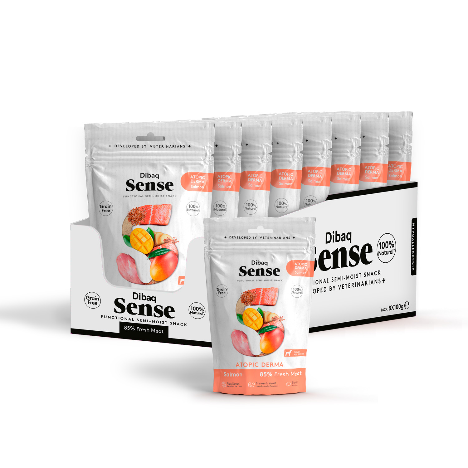 Dibaq Sense Dog, Snack para perros, grain free, atopic derma, salmón y pavo sin cereal, pack 3 uds x 100 gr