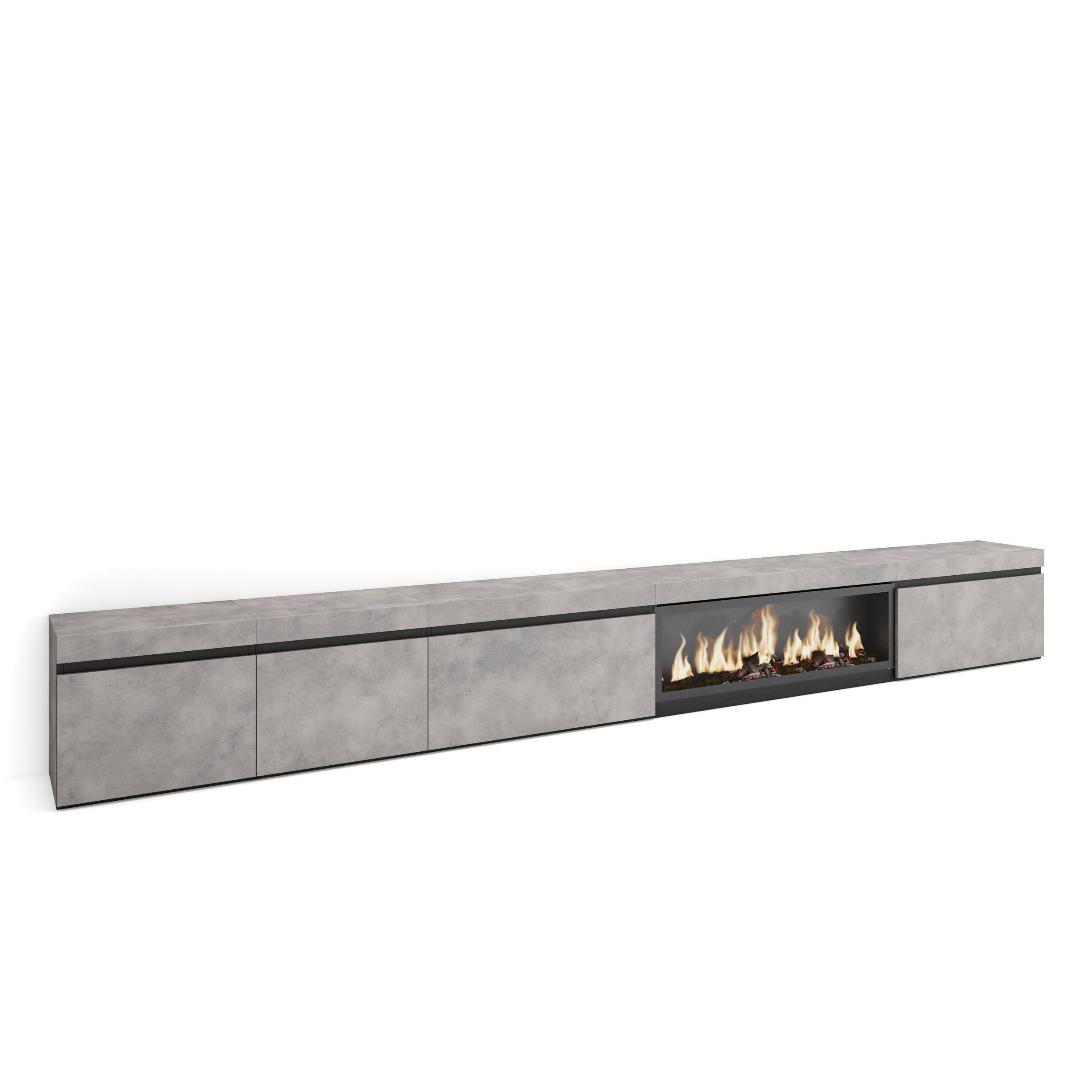 Skraut Home, Mueble TV, Televisión, Mueble de salón, almacenaje adicional, 368x35x45cm, Chimenea eléctrica XXL efecto fuego 3d, Gris Cemento