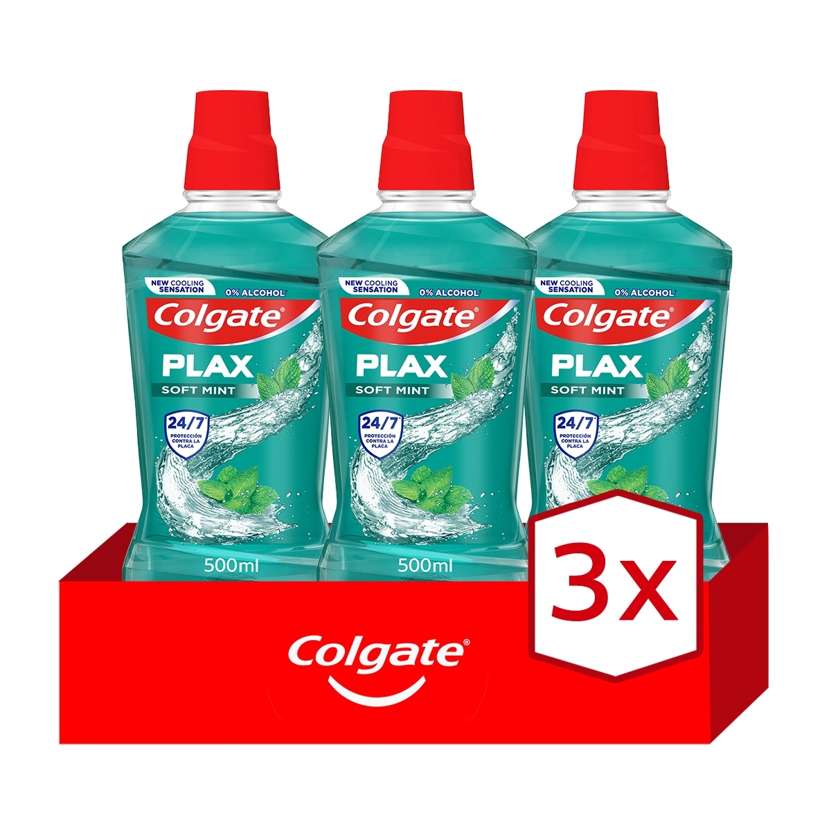 Colgate - Enjuague bucal Colgate Plax Soft Mint protección 24H, antibacteriano 500ml. Pack 3