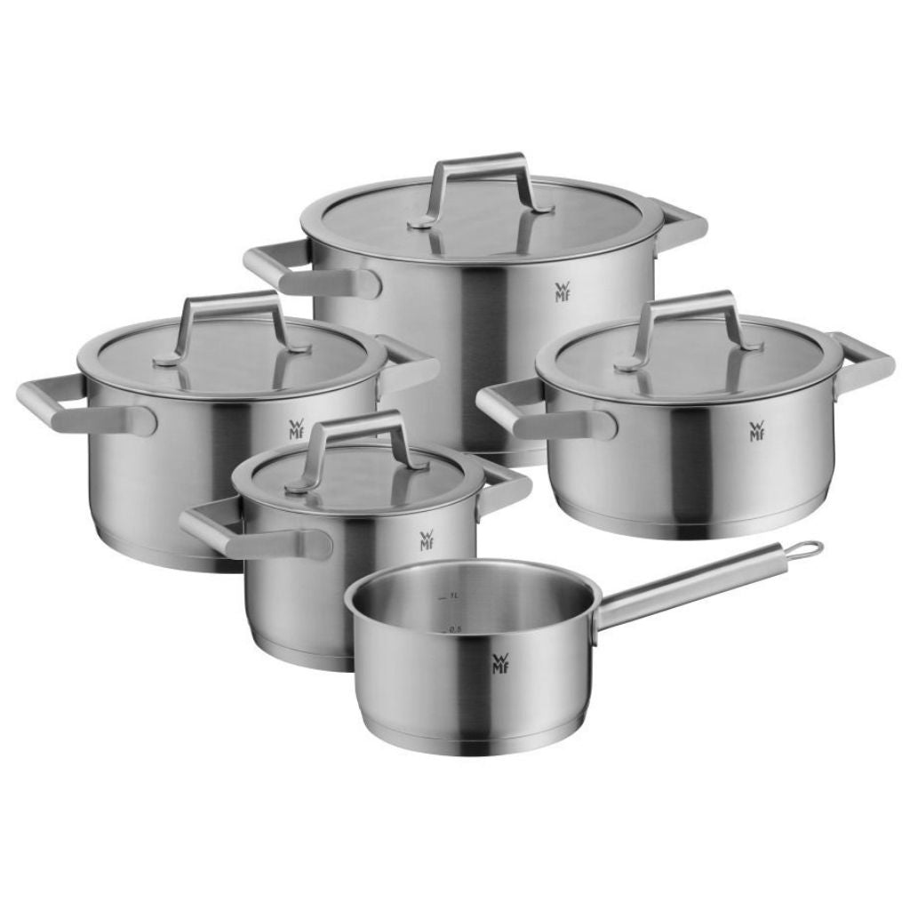 Batería de Cocina WMF Comfort Line de 5 Piezas - Acero Inoxidable 18/10, Base TransTherm® para Inducción, con Tapa de Cristal y Borde Vertedor
