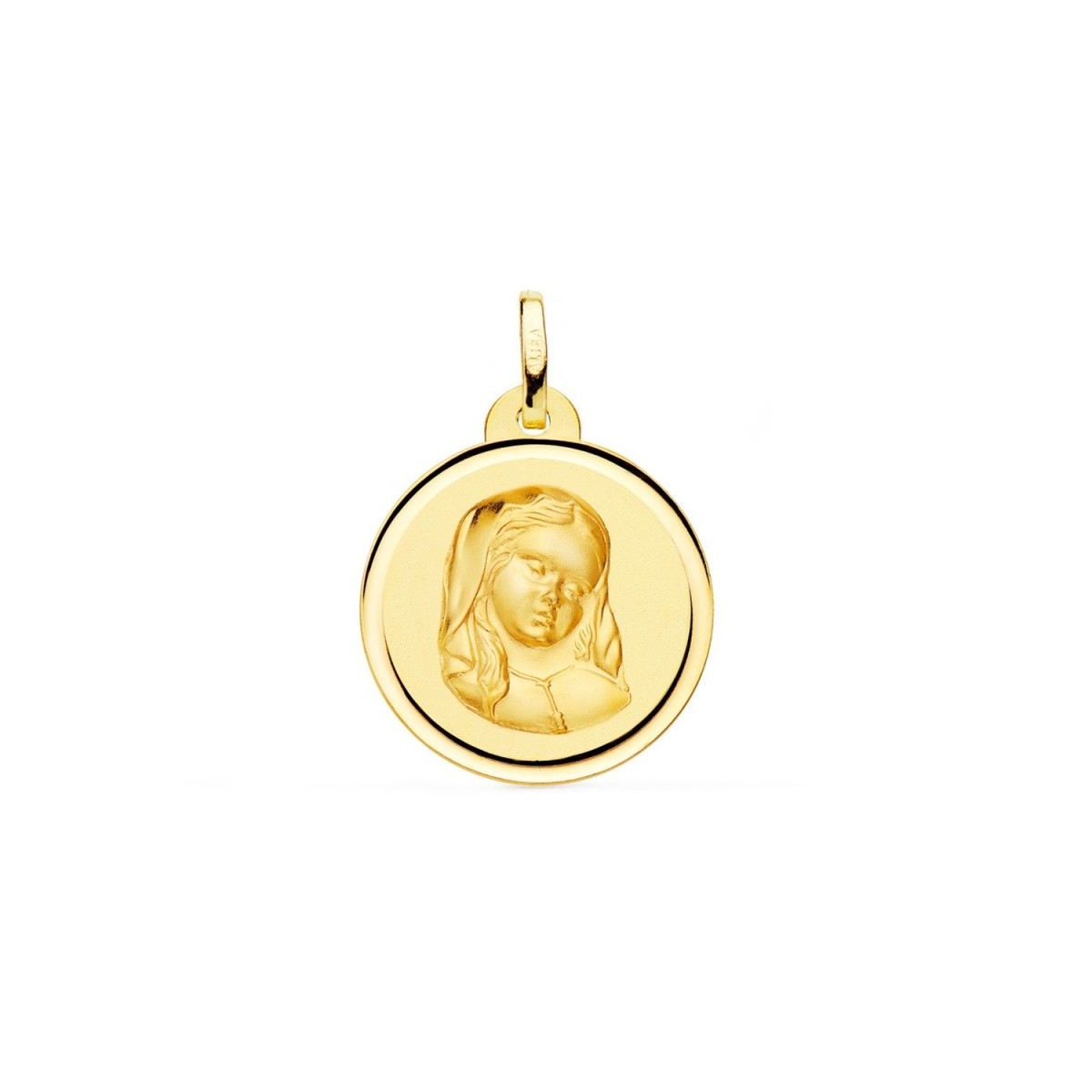 Virgen Niña medalla oro 18k Primera Comunión colgante 16 mm. bisel liso