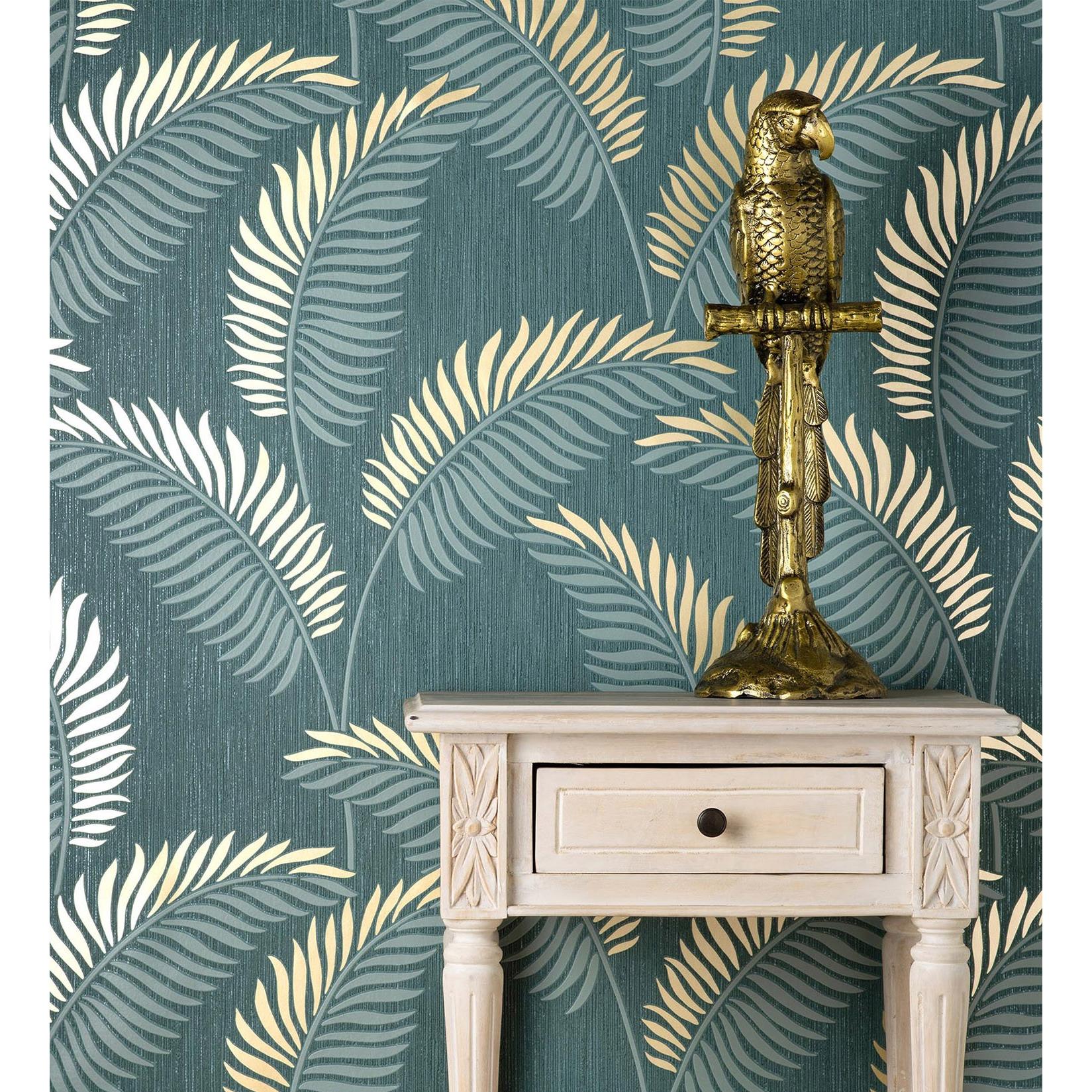 Papel pintado vinílico lavable tropical de hojas en relieve y detalles metalizados - Alan Palmer 681289 de GAULAN - Rollo de 10 m x 0,53 m