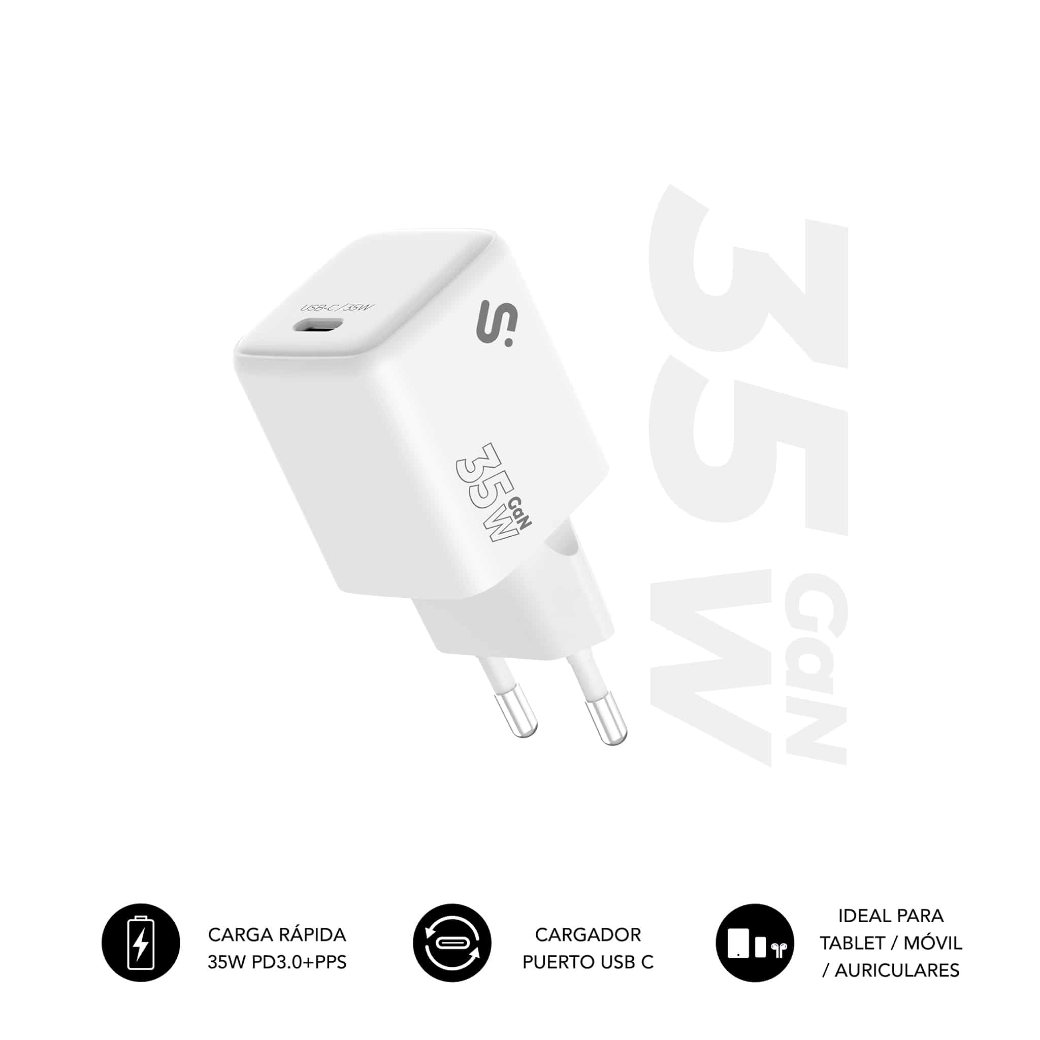 Cargador GAN 35 W SUBBLIM USB-C, PD 3.0 & PPS, Rápido para MacBook Air, iPad Pro/Air, Galaxy Tab S9, iPhone 16-12, Pixel 9, Xiaomi Pad 6, Compacto y Seguro