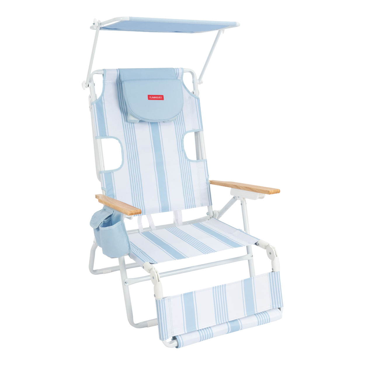 Flamingueo Silla Playa Plegable Agujero Acolchado Cabeza y Brazos 5 Posiciones Parasol Ajustable UPF 50+ Asas Mochila Reposapiés y Reposabrazos Bolsillo Insulado Aluminio y Poliéster 68,5 x 72,2 x 102 cm