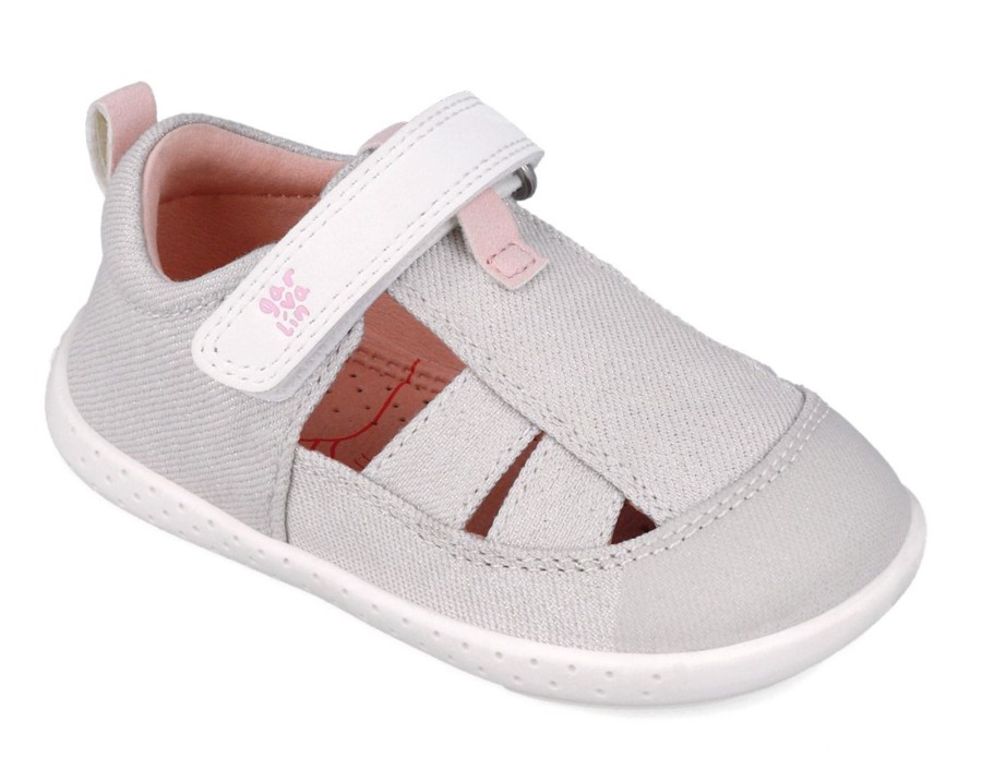 Sandalias niña de lona Garvalin barefoot color blanco pique metalizado zapatillas casual de lona de calzado respetuoso de Garvalin con cierre de tira adherente cangrejeras Garvalin soft and fun muy comodas y flexibles ideales este verano