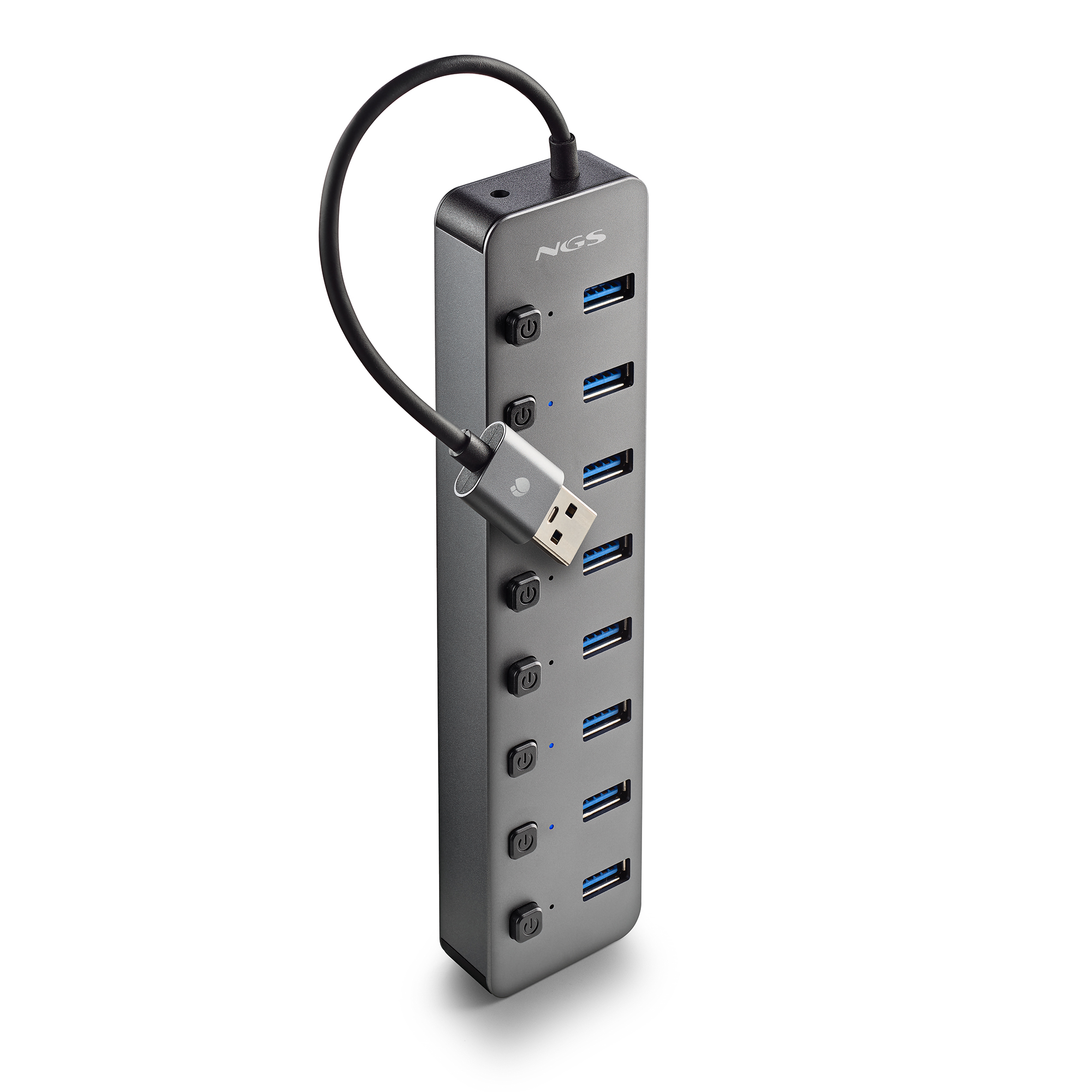 NGS IHUB 8 - Hub USB 3.0 con 8 Puertos, Interruptores Independientes, Alta Velocidad 5 Gbps, Compatible con PC y Mac, Incluye Adaptador de Corriente 5V/3A, Diseño Portátil y Compacto