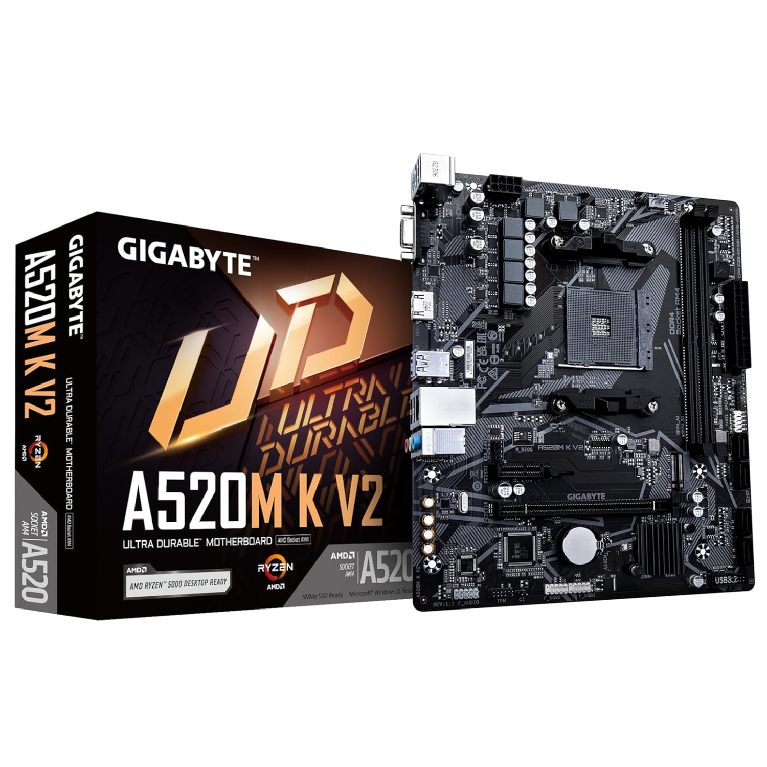 GIGABYTE Placa Base A520M K V2 - Compatible con CPUs AMD Ryzen Serie 5000 AM4 | Hasta 5100MHz DDR4 (OC) | PCIe Gen3 x4 M.2 | USB 3.2 Gen 1 | Audio HD de 8 Canales | HDMI Trasero y D-sub | LAN GbE con Gestión de Ancho de Banda