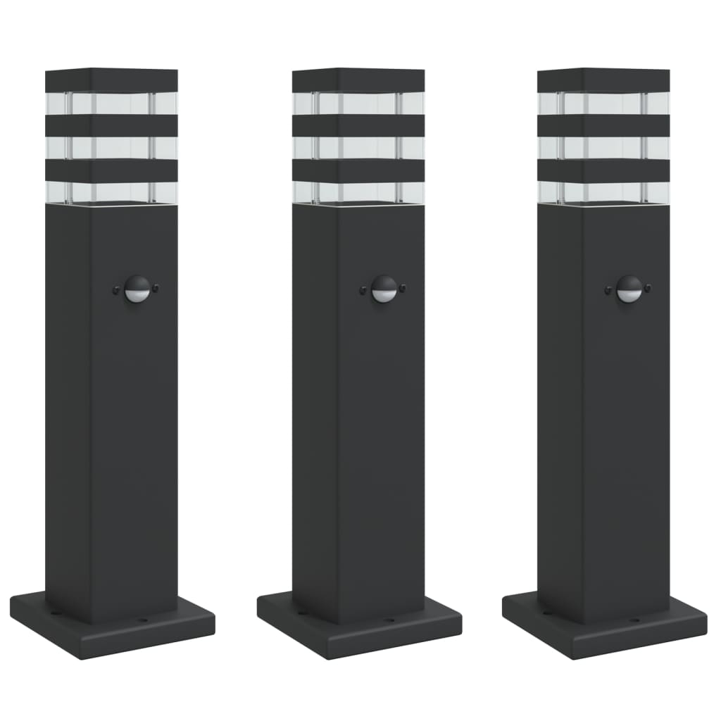 vidaXL Lámparas suelo exterior con sensor (3 unidades) aluminio negro Dimensiones 50 cm, 80 cm, 110 cm