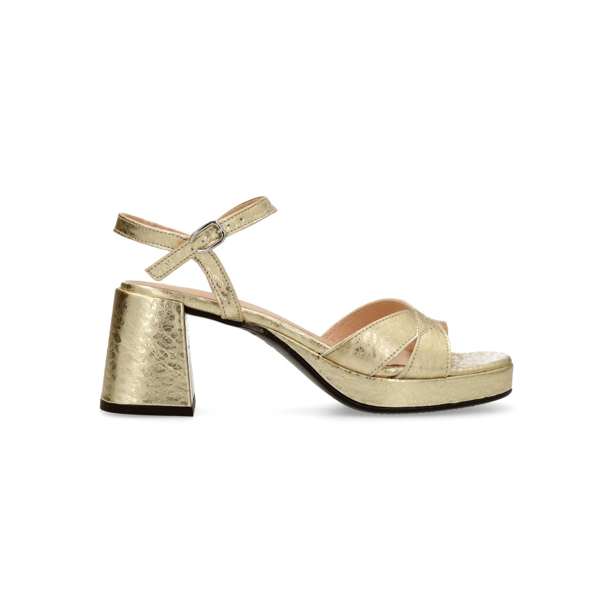 Wonders - Sandalia de fiesta Zaida 20 para mujer, con diseño multi tiras y hebilla al tobillo, piel vacuno metalizada, suela de poliuretano y tacón ancho de 7 cm