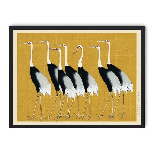 Cuadro cranes on yellow 30x40cm, Póster impreso en papel de primera calidad de 180gr, montado sobre marco de madera MDF acabado en negro., Arte - Japonés