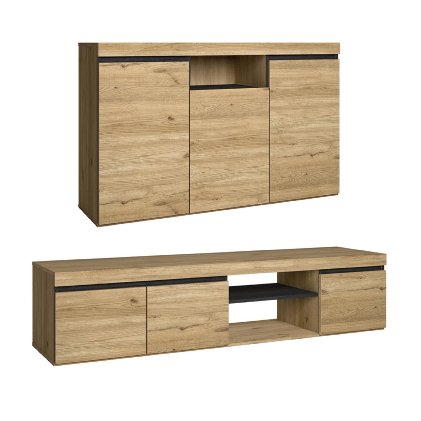 Skraut Home - Set modelo Naturale, compuesto por 1 Buffet y 1 Mueble tv,  fabricados en Melamina color Roble/Negro Nórdico