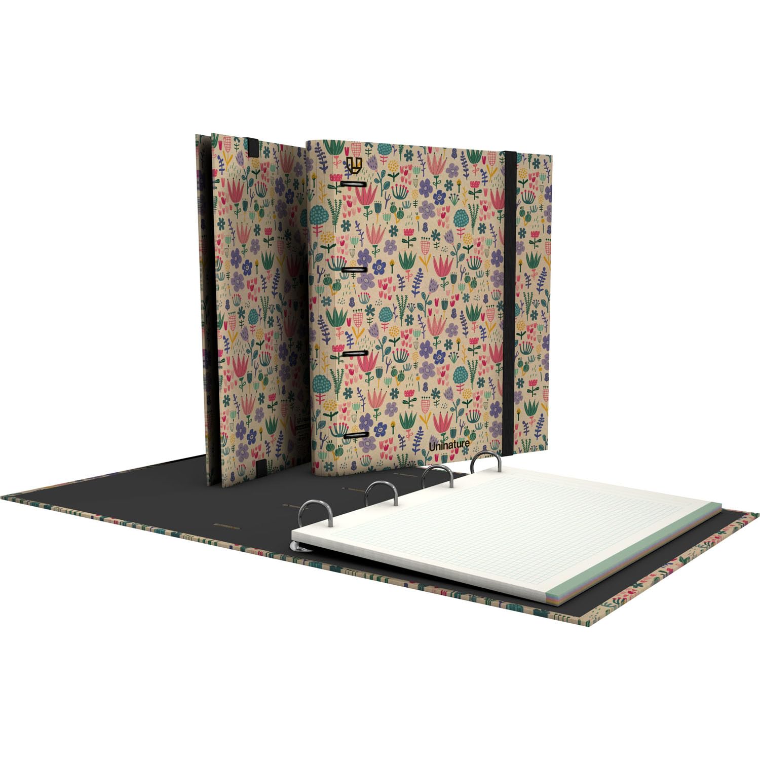 Unipapel - Archivador 4 Anillas Ecológico A4, Incluye Planificardor y Recambio 100 Hojas Recicladas 90g, Cuadriculadas 5x5, Bandas de Color, Uninature Design Holanda, FSC Recycled 100%, Carpebook