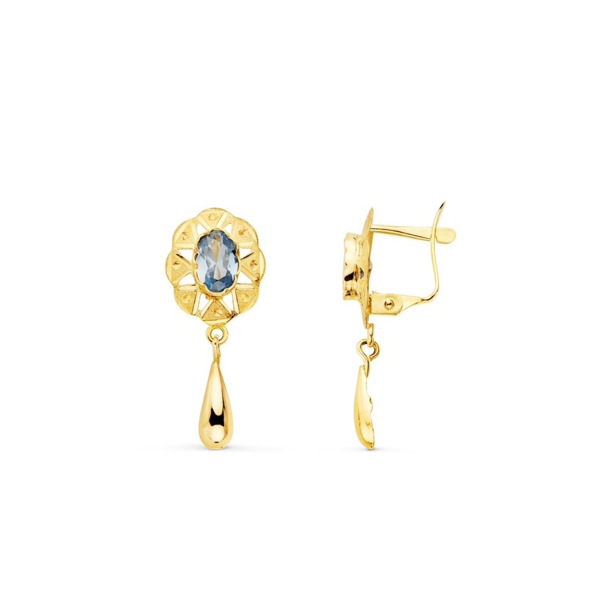 Pendientes oro 18k largos mujer 23 mm. cubanas forma lágrima con aguamarina ciere palillo catalán.