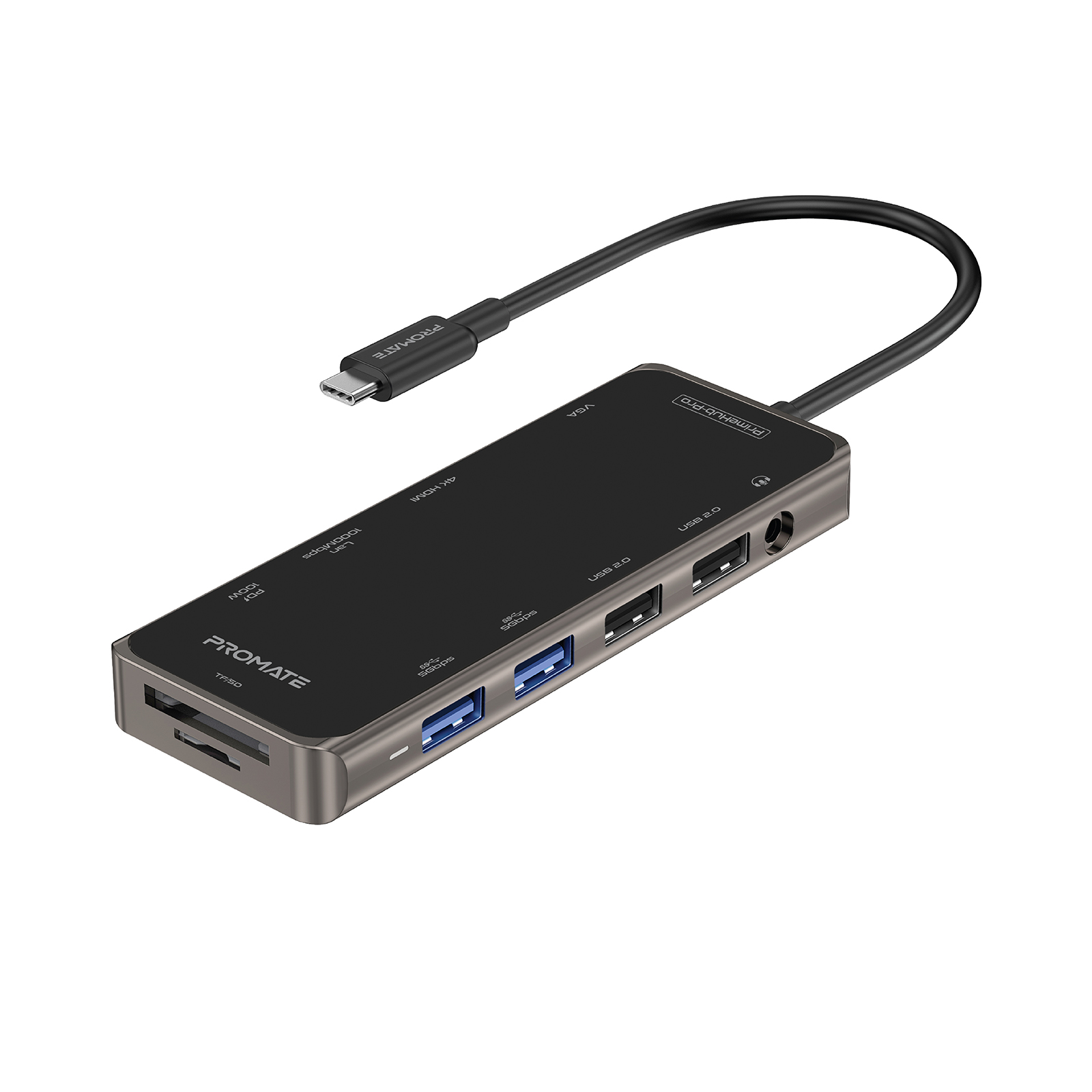 Promate Primehub-Pro Hub USB-C 11-en-1 con 100W PD, HDMI 4K, 1080 VGA, Ethernet, Tarjeta SD/TF y 4x USB-A