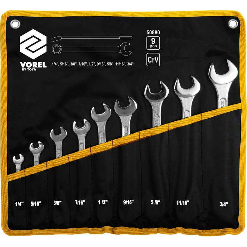 Llave Combinada Vorel 50880, Juego de 9 Piezas, Herramienta de Alta Calidad para Reparaciones Mecánicas y Mantenimiento.