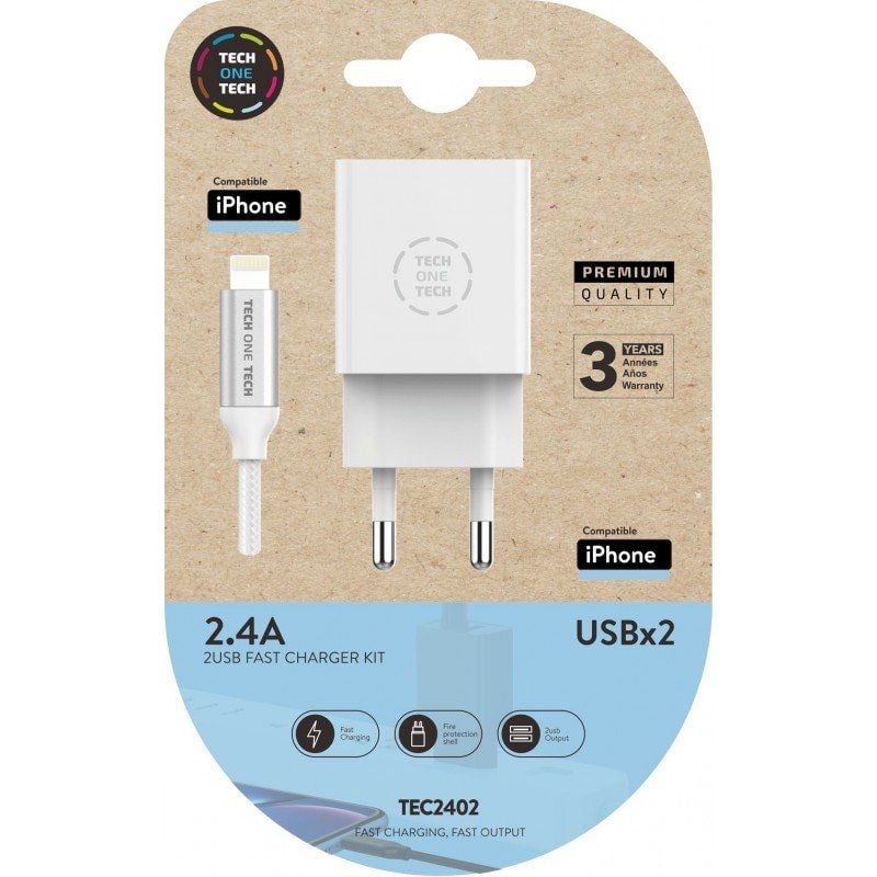 Cargador de Pared Tech One Tech TEC2402/ 2xUSB + Cable Lightning 2.4A Blanco para iPhone 7 8 X 11 12 13 14 MINI PRO MAX Blanco