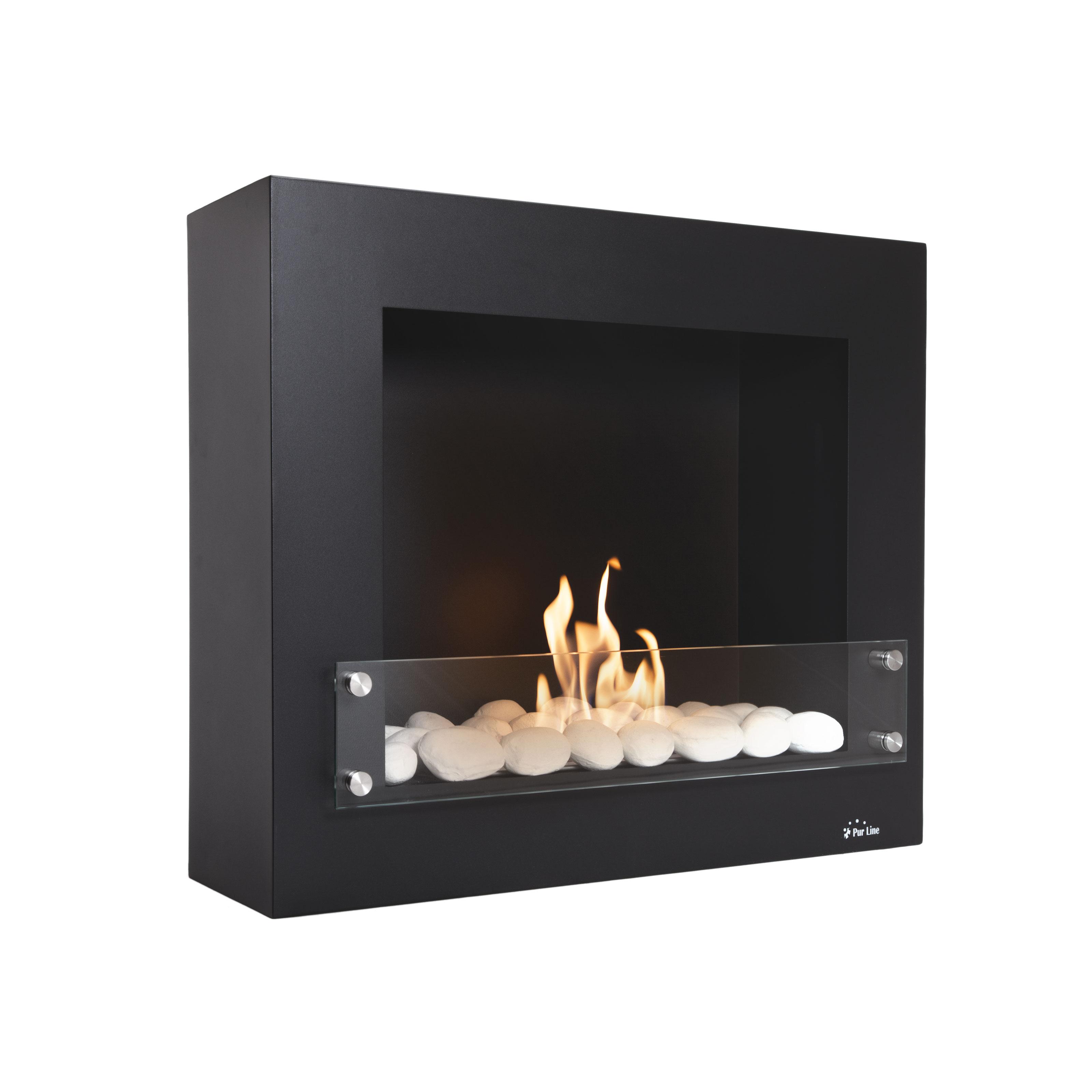 Chimenea de etanol, diseño mural color negro con cristal y piedras cerámicas BESTBIO DESIGN B Purline