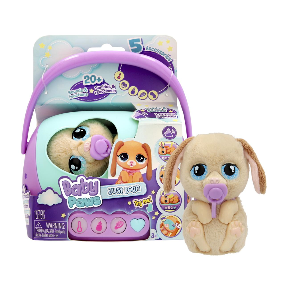 Peluche Baby Paws Perro reción nacido 10,3 cm con accesorios ¡su cuna transportin te dirá que cuidado necesita! (Imc Toys 923478)
