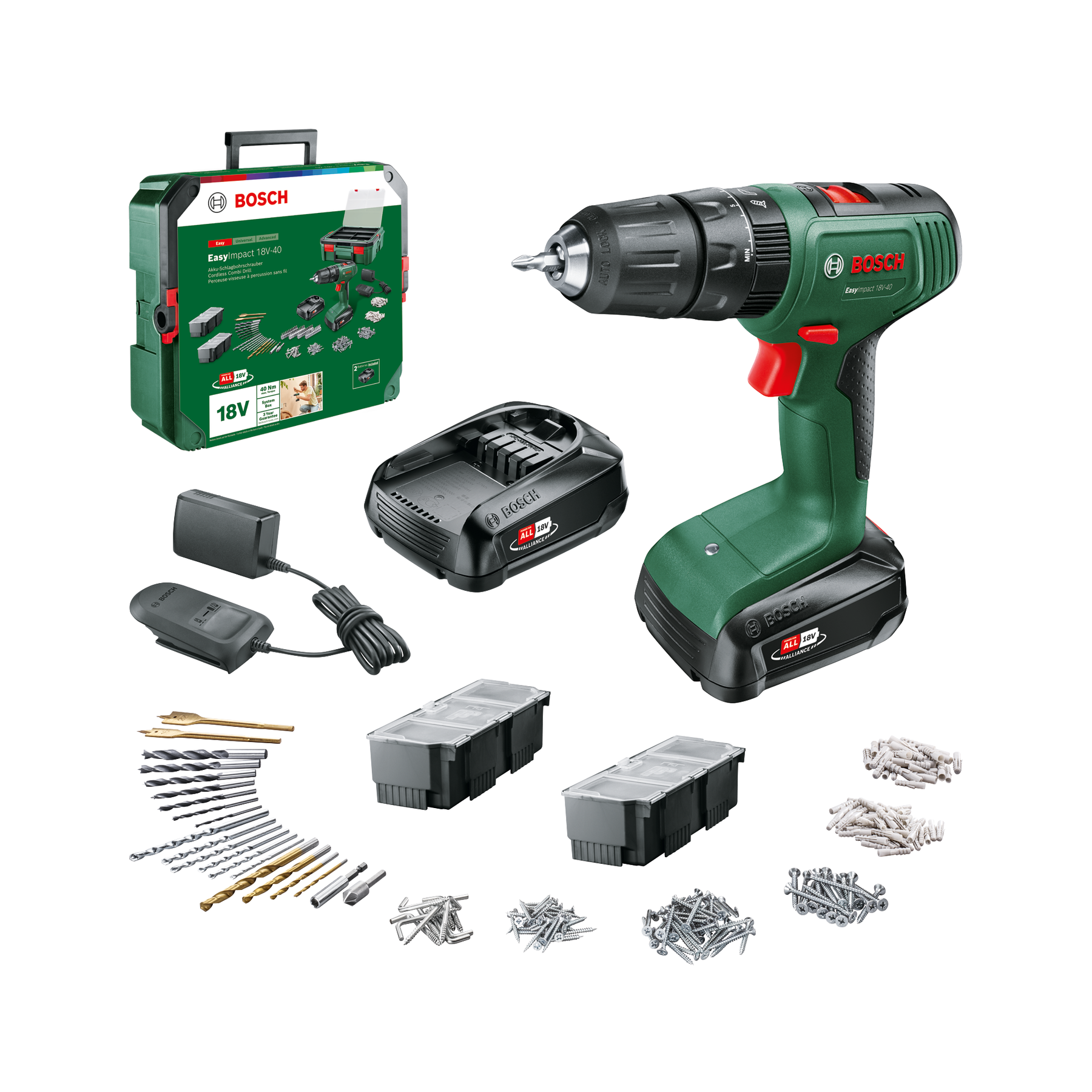 Bosch - Taladro Percutor a Batería - EasyImpact 18V-40 con 241 Accesorios y Maletin Systembox- 18V, 40Nm, Incluye 2 Baterías 1.5Ah y Cargador AL18V-10