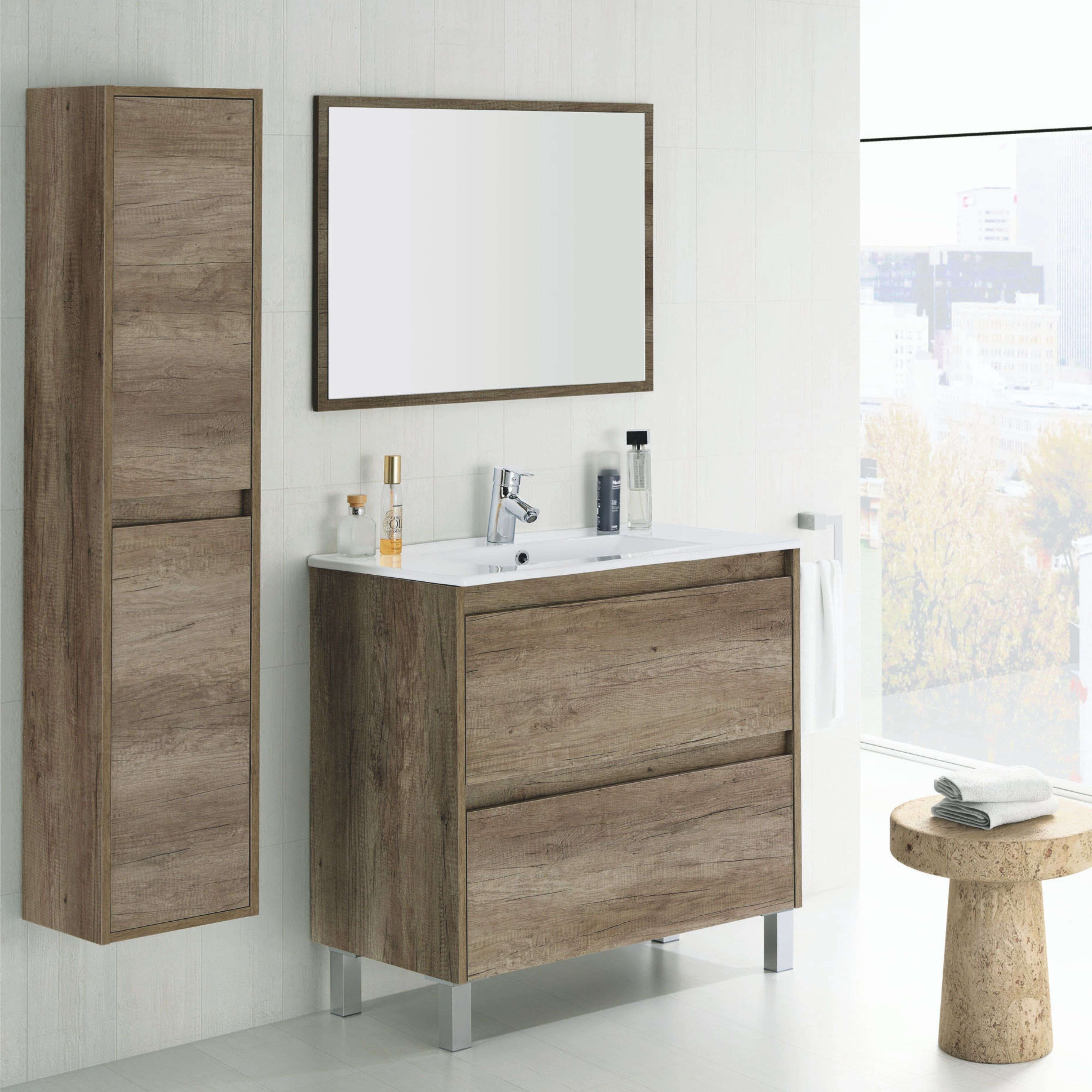 Miroytengo Pack Mueble De Baño Con Espejo Y Lavamanos Incluido Ceramico, Incluye Columna De Baño O Aseo Color Nordik