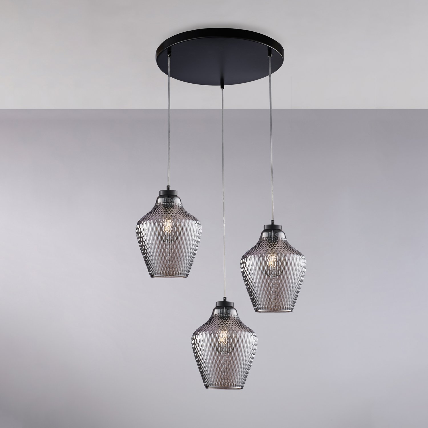 Suspensión 3 Maya Lights Hierro Lacado Negro y Espejo Gris Vidrio Soplado