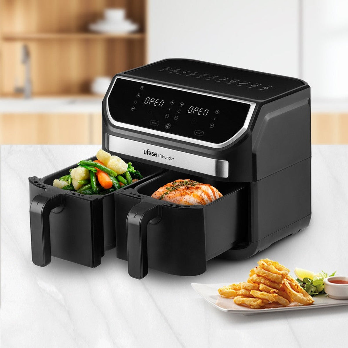 Ufesa - Freidora de aire digital doble cubeta Thunder 9L con tecnología 360º de circulación de aire a alta velocidad, 11 programas preestablecidos y control digital de tiempo y temperatura hasta 200 °C, libre de BPA y PFOA