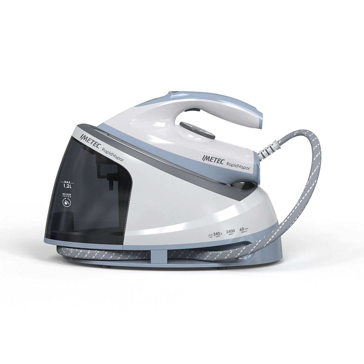 Imetec Rapidvapor - Centro de planchado, suela de cerámica, calentamiento rápido, liviana, sistema de limpieza Calc Clean, golpe de vapor de 240 g, 2400 W, bomba de 5 bares