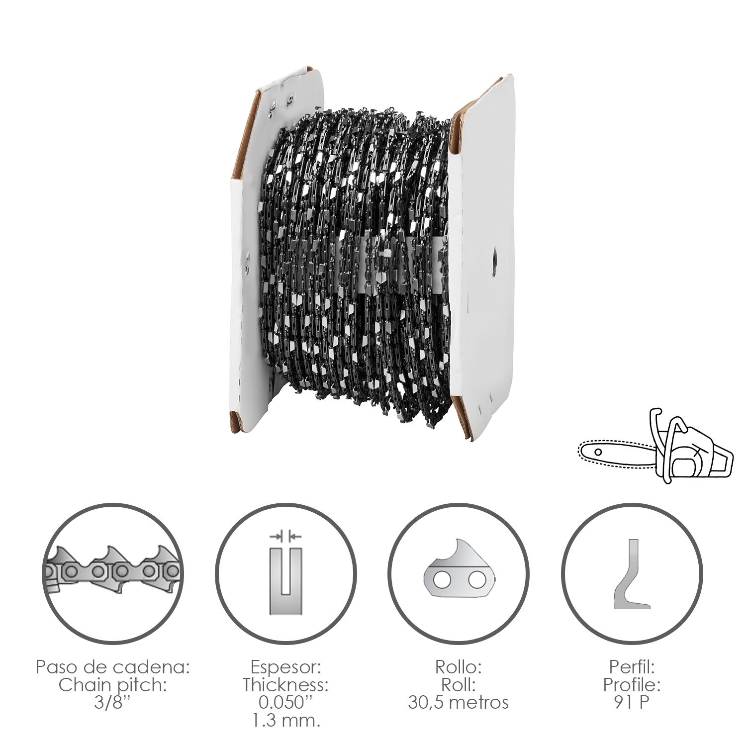 SANCO STORE - PAPILLON Cadena Motosierra 3/8" / 0.050" 1,3 mm. / 91 P / Rollo 30,5 metros.