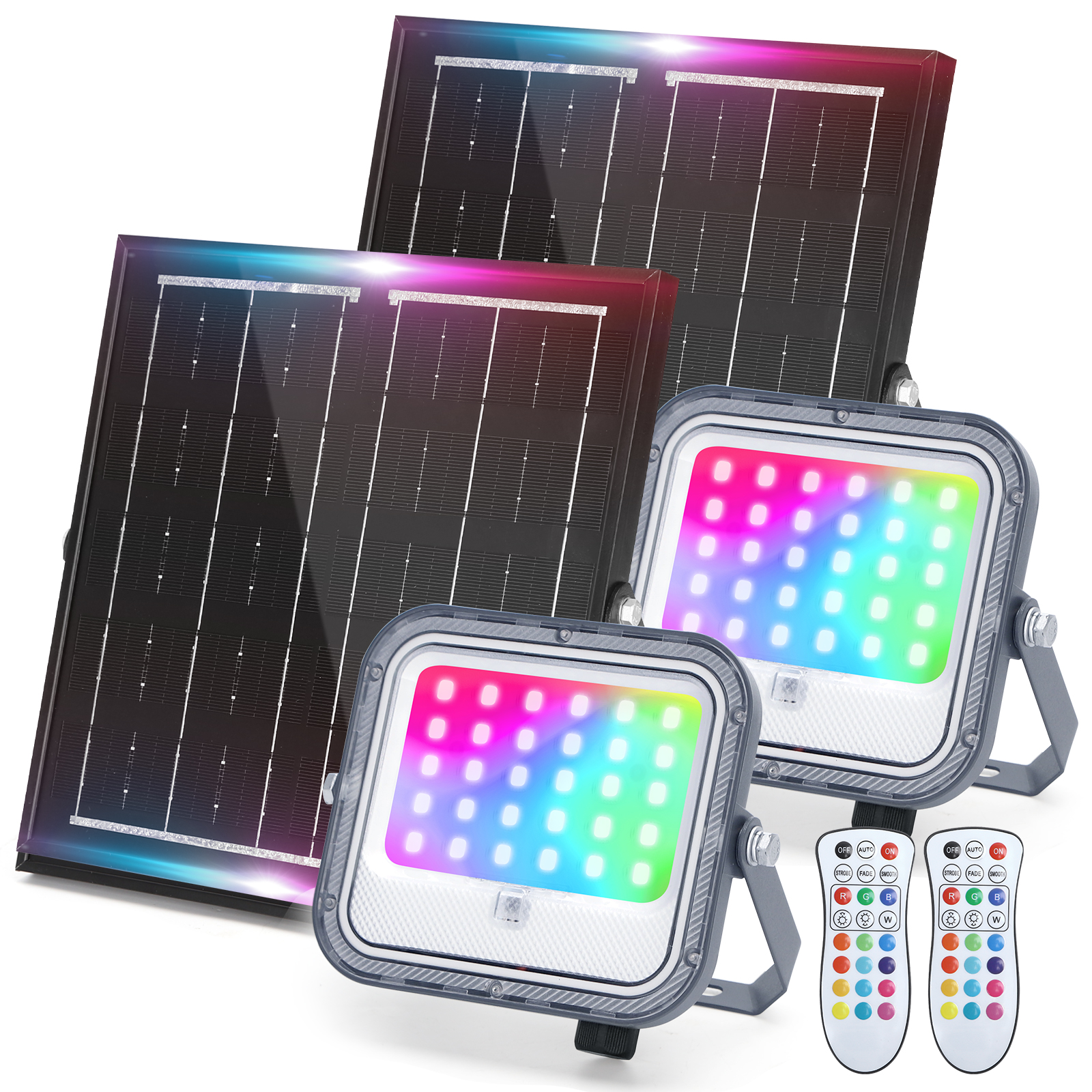Aigostar Focos LED Exterior Solares RGBW, Cambio de Color 200W,  Foco RGB+6500K y 3 Modos, Regulable, Control Remoto, IP66 Impermeable, Proyector LED RGB para Fiestas Jardín Terraza, 2 pcs(1)