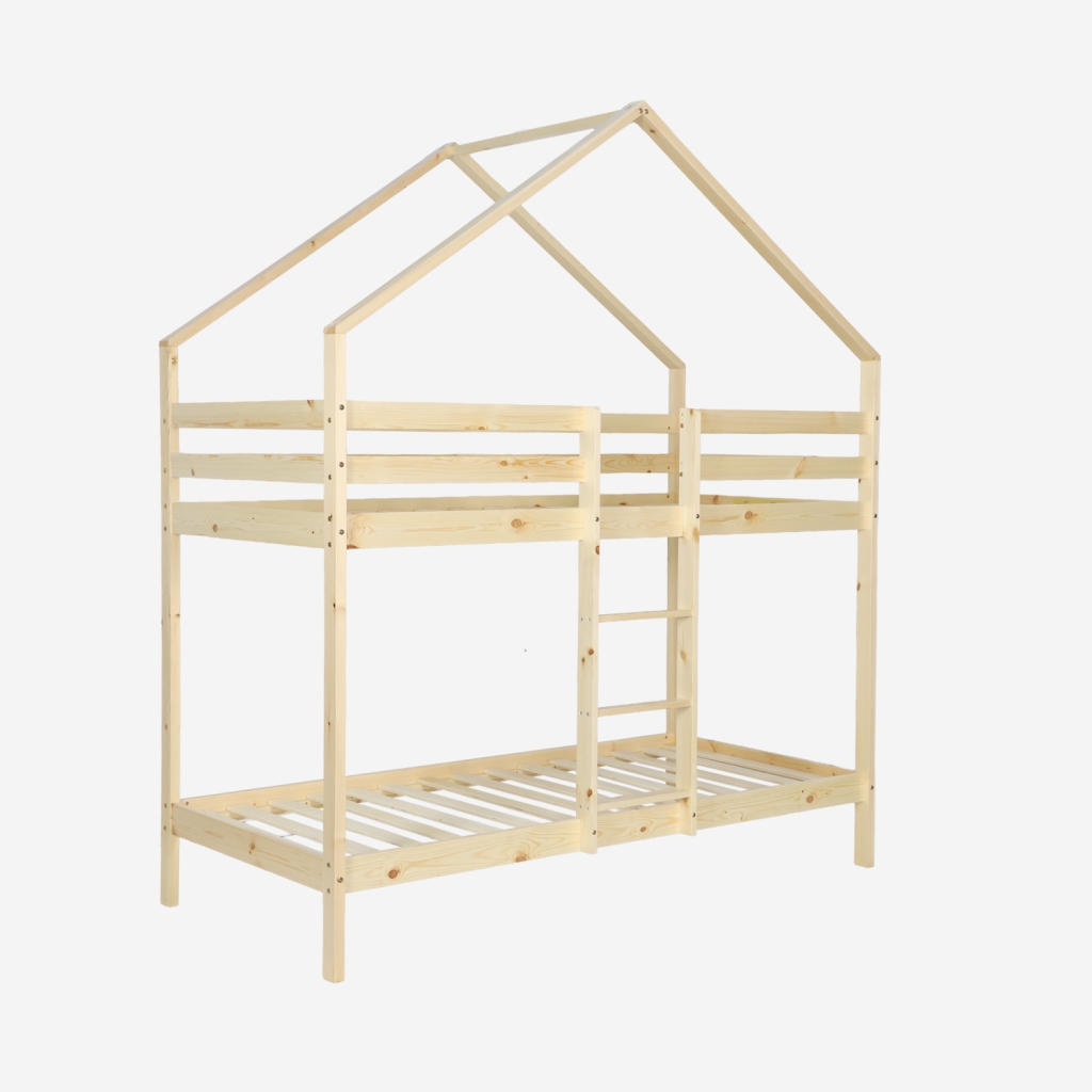 sweeek - Litera infantil cabaña de pino natural, 90cm , Roya , 223x199x96