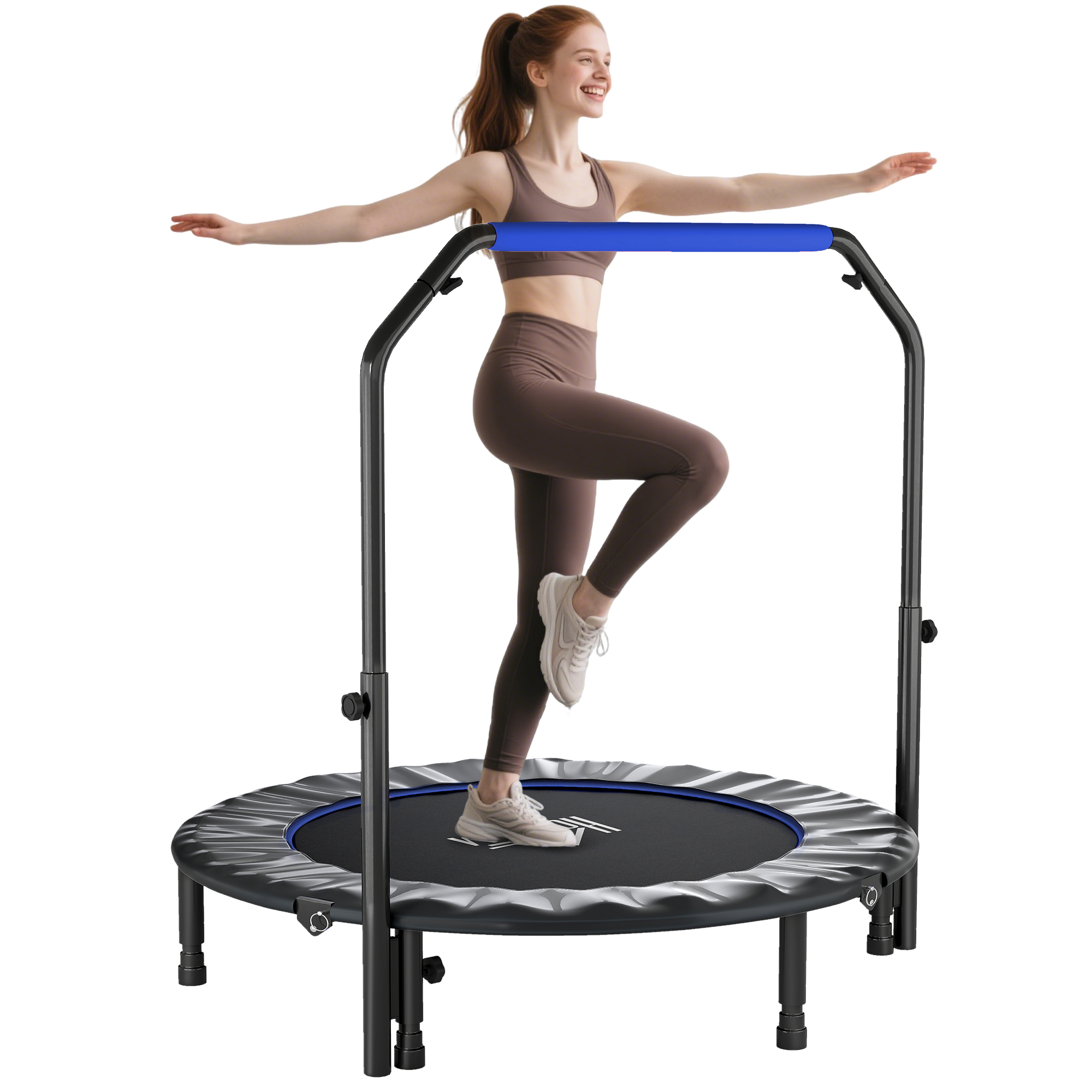 HOMCOM Trampolín de Fitness Adultos Ø122 cm, Cama Elástica Plegable con Mango Ajustable de 4 Niveles, Marco de Acero, para Entrenamiento Piernas, Cuerpo en Hogar, Oficina, Gimnasio, Negro y Azul
