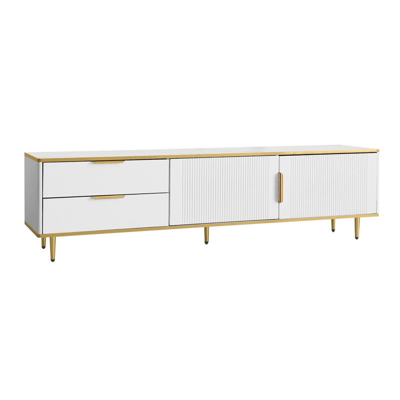 Meuble TV blanc et doré 170 cm avec façades sculptées, effet marbre, tiroirs et rangements fermés
