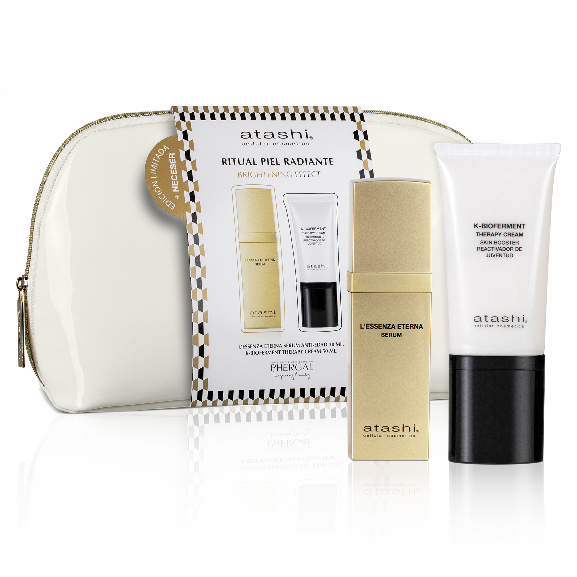 Atashi Cofre Ritual Piel Radiante | Sérum Antiedad L'Essenza Eterna 30 ml + K-Bioferment Therapy Cream 50 ml + Neceser de Charol Blanco