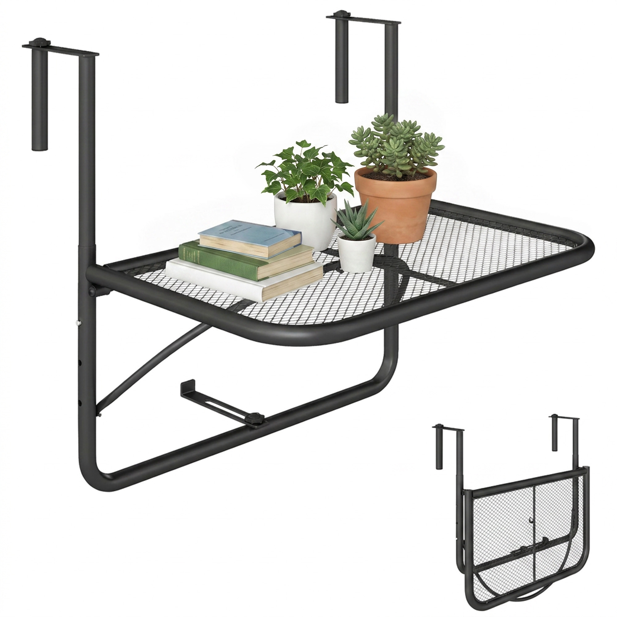Outsunny Mesa Colgante de Balcón con Brazo Regulable y Altura Ajustable en 3 Posiciones Marco Metálico Carga Máx. 30 kg 60x56x50 cm Negro